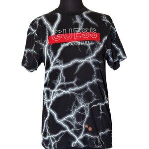 GUESS Black & White T-shirt w/Red Graphic Lightning Print Men's Size S (READ)